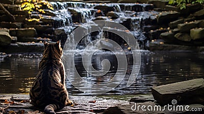 Serene Tiger: Contemplation by the Cascading Waterfall Stock Photo