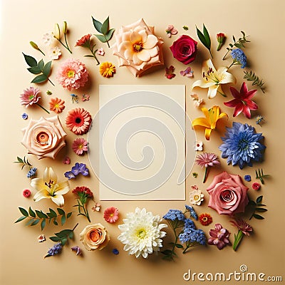 blank piece of paper surrounded by a variety of vibrant blooms. Flowers Background Stock Photo