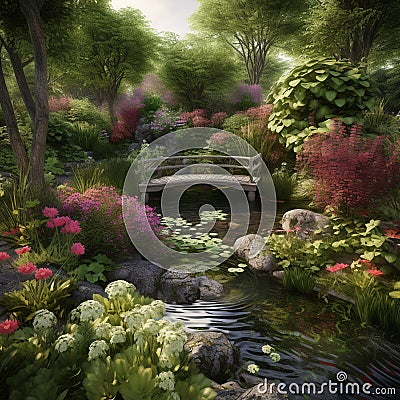 Serene, Tranquil Garden with Beautiful Flowers and Foliage Stock Photo