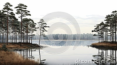 Vray Digital Illustration: Desolate Dutch Landscape With Lake And Pine Trees Stock Photo