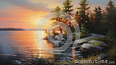 Serene Tree Lake At Sunset Art - Realistic Marine Paintings Stock Photo