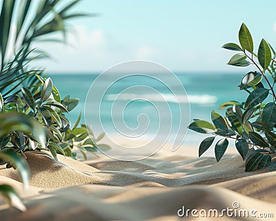 Serene Tropical Beach with Calm Waves and Lush Greenery under a Clear Blue Sky for a Perfect Relaxing Vacation Stock Photo