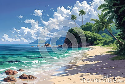 A vibrant serene tropical beach with palm trees Stock Photo