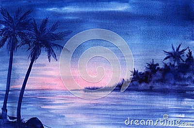 Serene tropical landscape background. Dark silhouette of seaside with palms against dusk sky of blue and pink shades. Sea border Cartoon Illustration