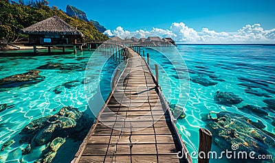Serene tropical paradise with a wooden pier leading to overwater bungalows in a crystal-clear turquoise sea against a vibrant blue Stock Photo