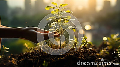 Serene urban garden moment with a woman tending to kale, subject kneeling among lush kale plants, hands gently caring for the Stock Photo