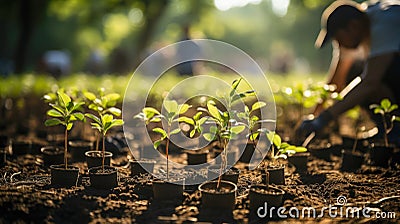 Serene urban garden moment with a woman tending to kale, subject kneeling among lush kale plants, hands gently caring for the Stock Photo