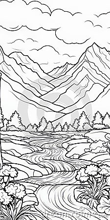 Serene Valley Coloring Pages: Mountain And River Scenes For Adults Cartoon Illustration