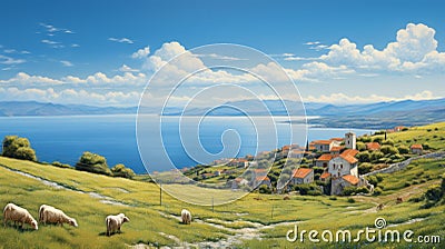 Serene Greek Island Landscape: Realistic Oil Painting Of Antique Farming Village Stock Photo
