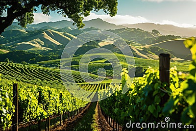 Sunlit Vineyard Landscape with Rolling Hills, AI Generated Stock Photo