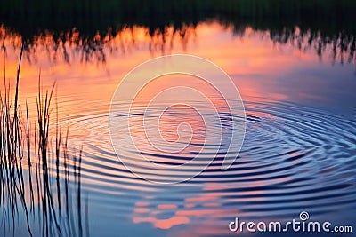 Serene water reflections with rippling patterns on a calm pond at sunset, creating calming rhythms, Generated AI Stock Photo