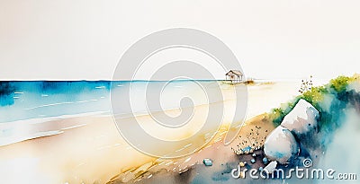 A serene watercolor painting of a beach, calm sea, and a distant house on stilts with lush greenery in the foreground Stock Photo