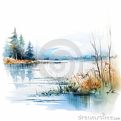 Delicately Rendered Watercolor Lake With Trees And Grasses Stock Photo