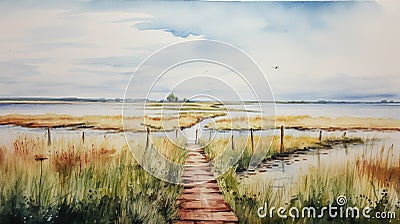 Serene Watercolor Painting Of A Dutch Marine Scene On A Wooden Boardwalk Stock Photo