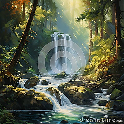 Serene Waterfall in Impressionist Art Style Stock Photo