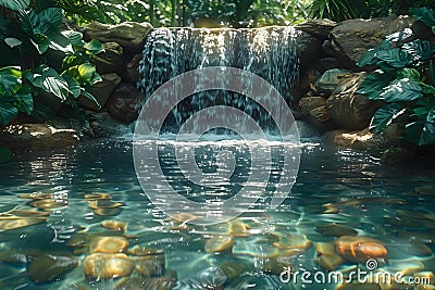 Serene Waterfall Oasis with Lush Foliage - A Tranquil Retreat. Concept Nature Photography, Waterfalls, Lush Foliage, Serene Stock Photo