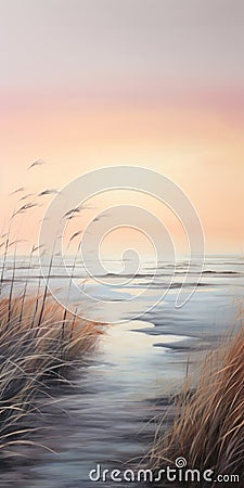 Serene Wetland: Sand Dune, Beach Grass, Foggy Shoreline, Soft Waves, Sunrise Stock Photo