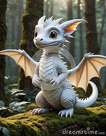Serene White Dragon in a Enchanted Forest Stock Photo