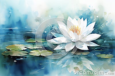 Serene White Lotus Flower on Calm Reflective Water Surface, Symbolizing Tranquility and Serenity Stock Photo