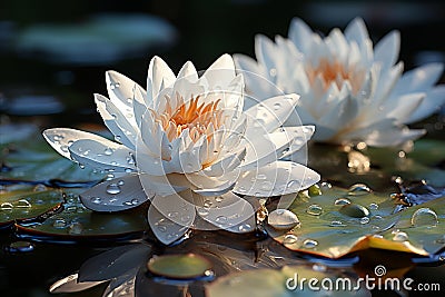 Serene White Lotus Flower. Delicate Petals Basking in Warm Sunlight on Still Water Stock Photo