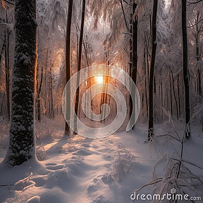 Twilight in a Snowy Forest Stock Photo