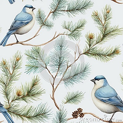 Serene winter landscape seamless pattern vector background, hand painted with watercolors Stock Photo