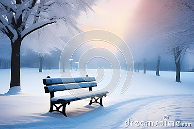 Serene Winter Landscape, A Solitary Bench Amidst Snow-Covered Trees in a Peaceful Park Stock Photo