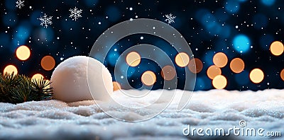 serene winter scene featuring snowball on snowy surface surrounded by soft bokeh lights and falling snowflakes creating magical Stock Photo