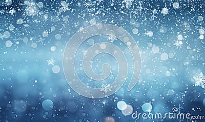 Serene winter scene with gentle snowflakes and ethereal bokeh against a deep blue sky. AI generative Stock Photo