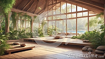 Serene scene of a meditation retreat wooden yoga place full of vegetation Stock Photo