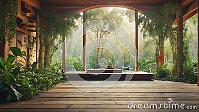 Serene scene of a meditation retreat wooden yoga place full of vegetation Stock Photo