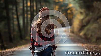 Back of woman walking on road in woods Stock Photo