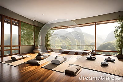 A serene yoga and meditation room with bamboo flooring, floor-to-ceiling windows Stock Photo