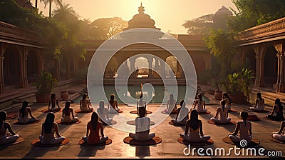 A serene yoga session in a temple courtyard ultra realistic illustration - Generative AI. Cartoon Illustration