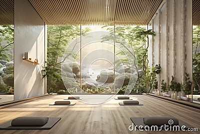 A serene yoga studio with a 3D wall portraying a peaceful nature scene, Stock Photo