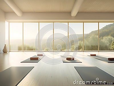 Serene Yoga Studio with Minimalist Interior Design and Sweeping Summer Landscape View, Stock Photo