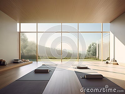 Serene Yoga Studio with Minimalist Interior Design and Sweeping Summer Landscape View, Stock Photo