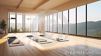 Serene Yoga Studio with Minimalist Interior Design and Sweeping Summer Landscape View, Stock Photo