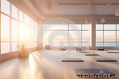 Serene Yoga Studio with Minimalist Interior Design and Sweeping Summer Landscape View, Stock Photo