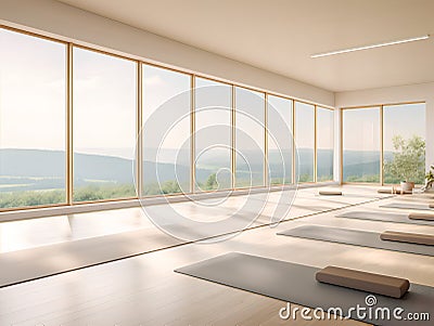 Serene Yoga Studio with Minimalist Interior Design and Sweeping Summer Landscape View, Stock Photo