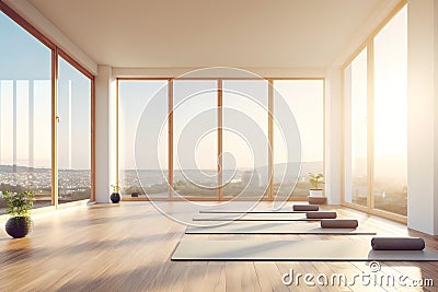 Serene Yoga Studio with Minimalist Interior Design and Sweeping Summer Landscape View, Stock Photo