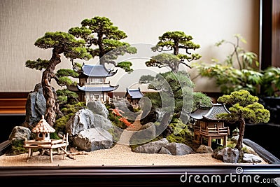 serene zen garden featuring a diverse bonsai collection Stock Photo