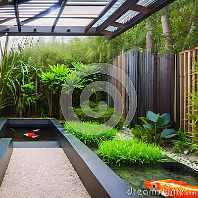 A serene, Zen garden with a koi pond, bamboo plants, and a meditation space3, Generative AI Stock Photo