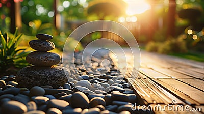 A serene Zen garden at sunset, with perfectly balanced stones on a bed of smooth pebbles, evoking a sense of peace and mindfulness Stock Photo