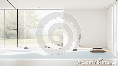 A minimalist, Zen-inspired space with a yoga mat and calm ambiance. Stock Photo