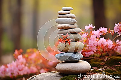 Serene zen meditation garden with balanced stone arrangements for inner peace and tranquility Stock Photo