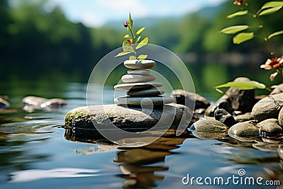 Serene Zen oasis, spiritually uplifting, balanced stone art, tranquil nature ambiance Stock Photo