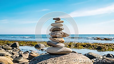 Serenity at the Beach: A Zen Stone Tower in Harmony with Nature Stock Photo