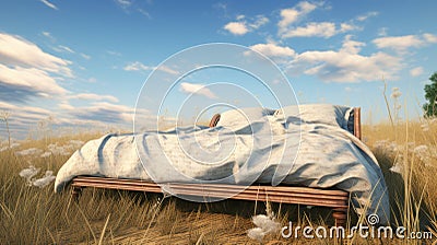 Serenity in Bloom: King-Sized Bed Amidst Wildflowers in Tranquil Meadow Stock Photo