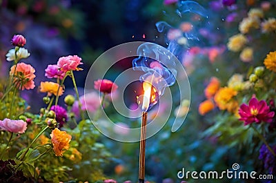 Serenity in Bloom: Lone Incense Stick Burning Amidst Vivid Garden Flowers. Stock Photo